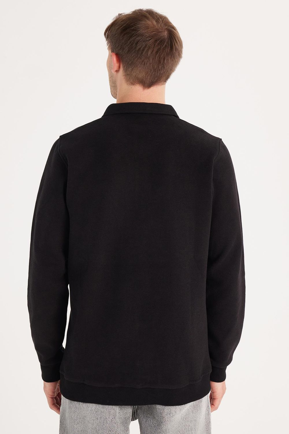 Erkek Standart Fit Pamuklu Selanik Kumaş Yarım Fermuarlı Polo Yaka Baskılı Siyah Sweatshirt