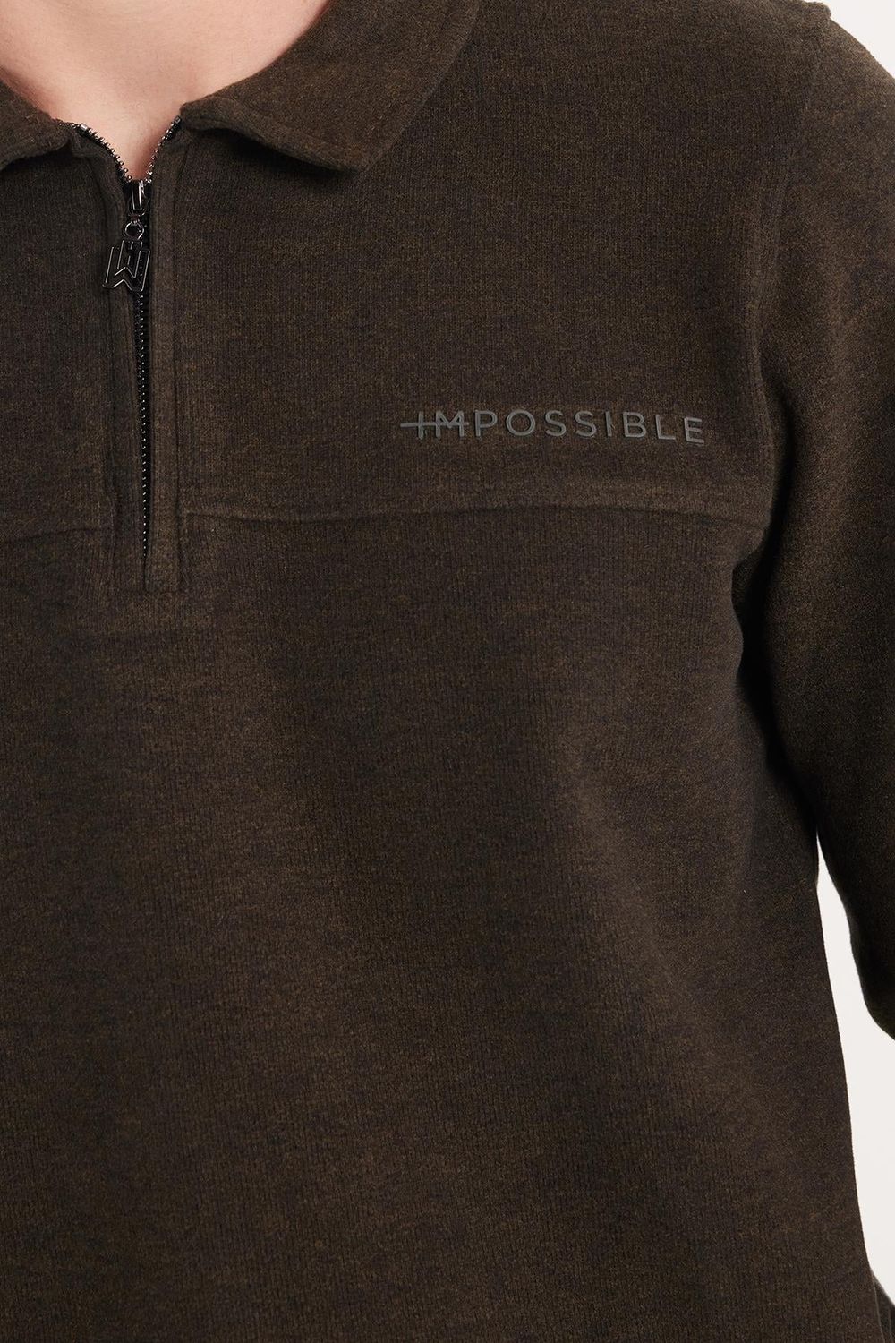 Erkek Standart Fit Pamuklu Selanik Kumaş Yarım Fermuarlı Polo Yaka Baskılı Kahverengi Sweatshirt