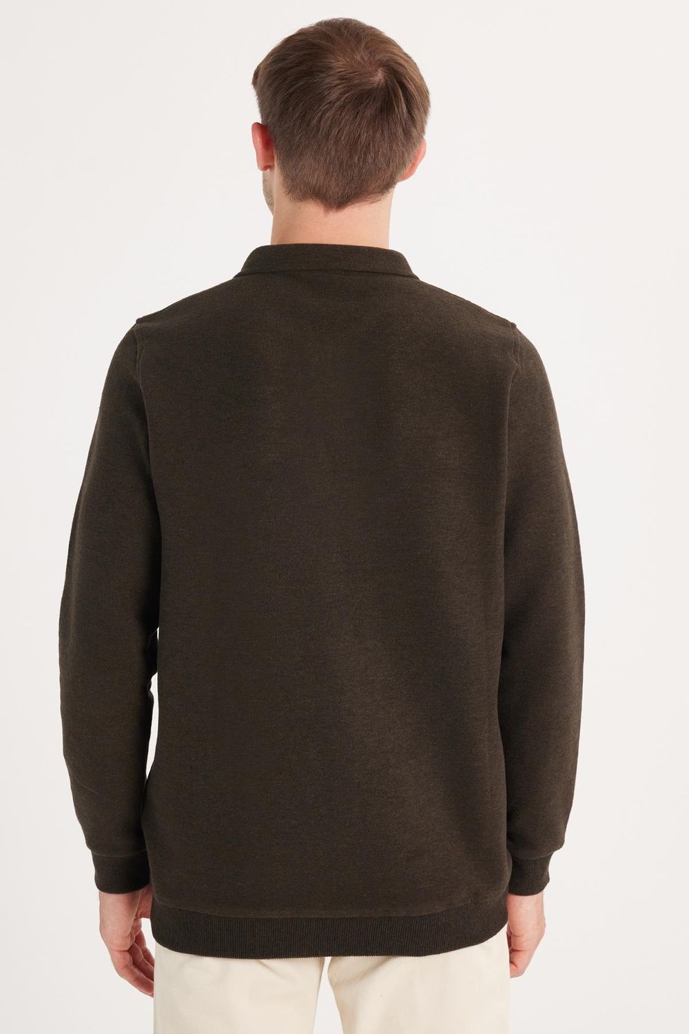 Erkek Standart Fit Pamuklu Selanik Kumaş Yarım Fermuarlı Polo Yaka Baskılı Kahverengi Sweatshirt