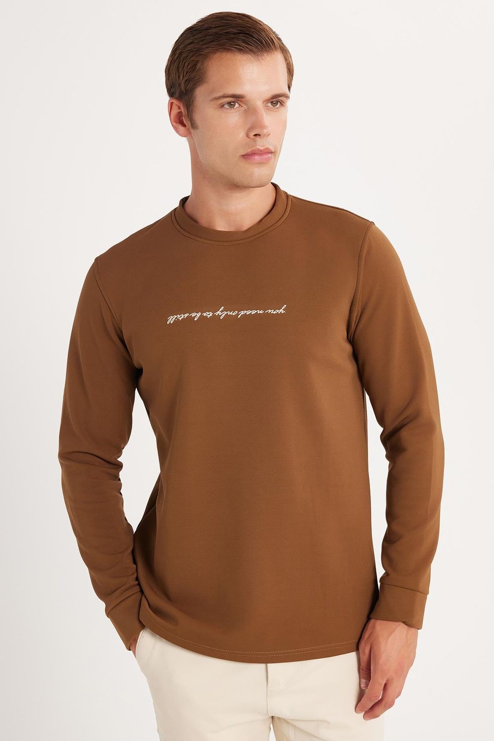Erkek Standart Fit Pamuklu Bisiklet Yaka Şardonlu Baskılı Kahverengi Sweatshirt 