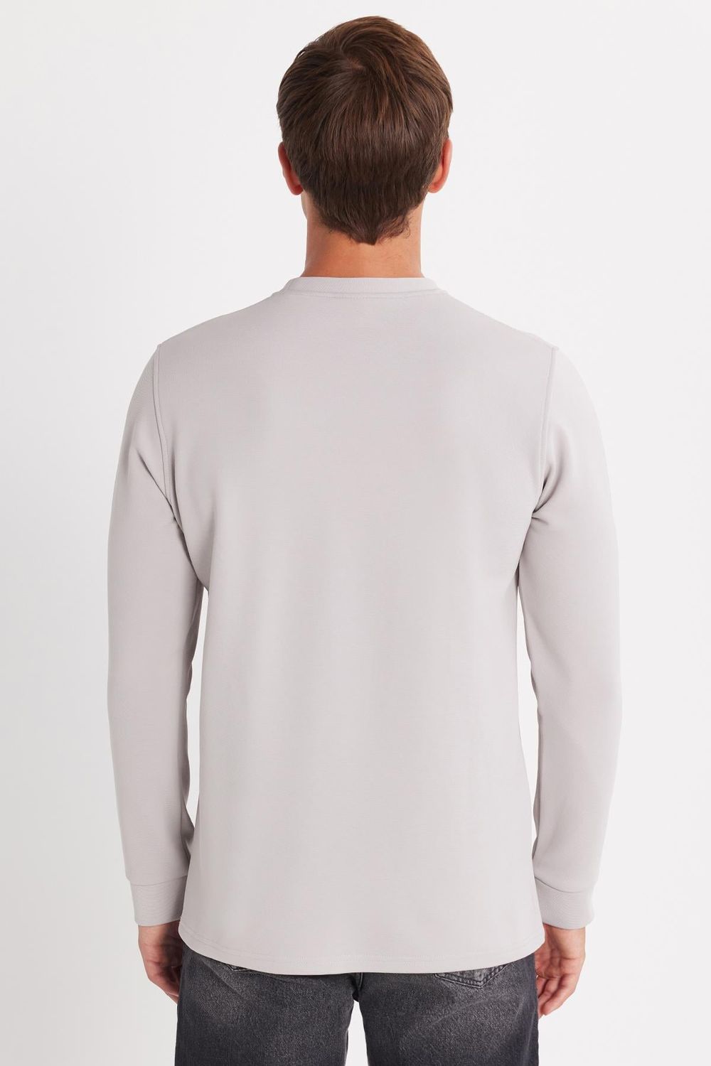 Erkek Standart Fit Pamuklu Bisiklet Yaka Şardonlu Baskılı Açık Gri Sweatshirt 