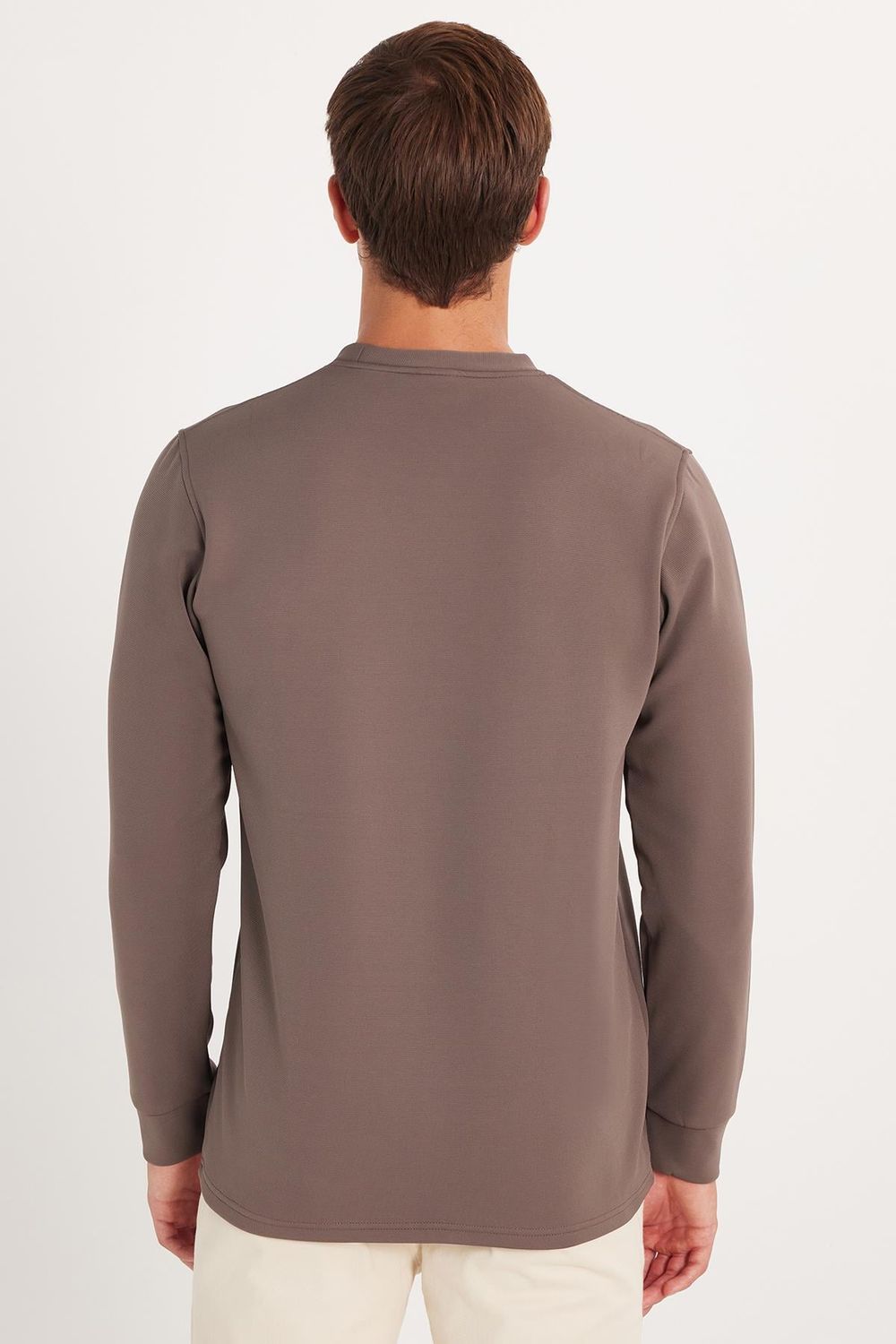 Erkek Standart Fit Pamuklu Bisiklet Yaka Şardonlu Baskılı Açık Kahverengi Sweatshirt 