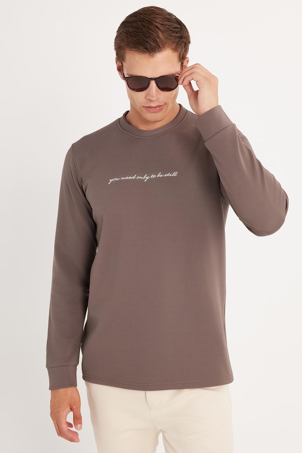 Erkek Standart Fit Pamuklu Bisiklet Yaka Şardonlu Baskılı Açık Kahverengi Sweatshirt 