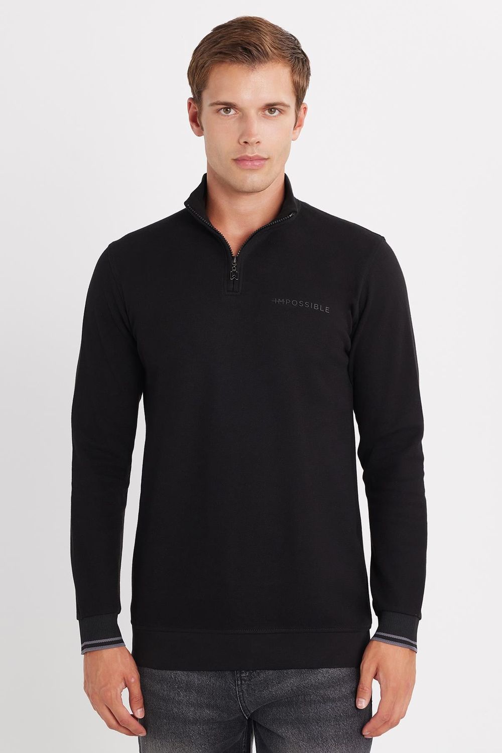 Erkek Slim Fit Dar Kesim Pamuklu Yarım Fermuarlı Dik Yaka Siyah Sweatshirt