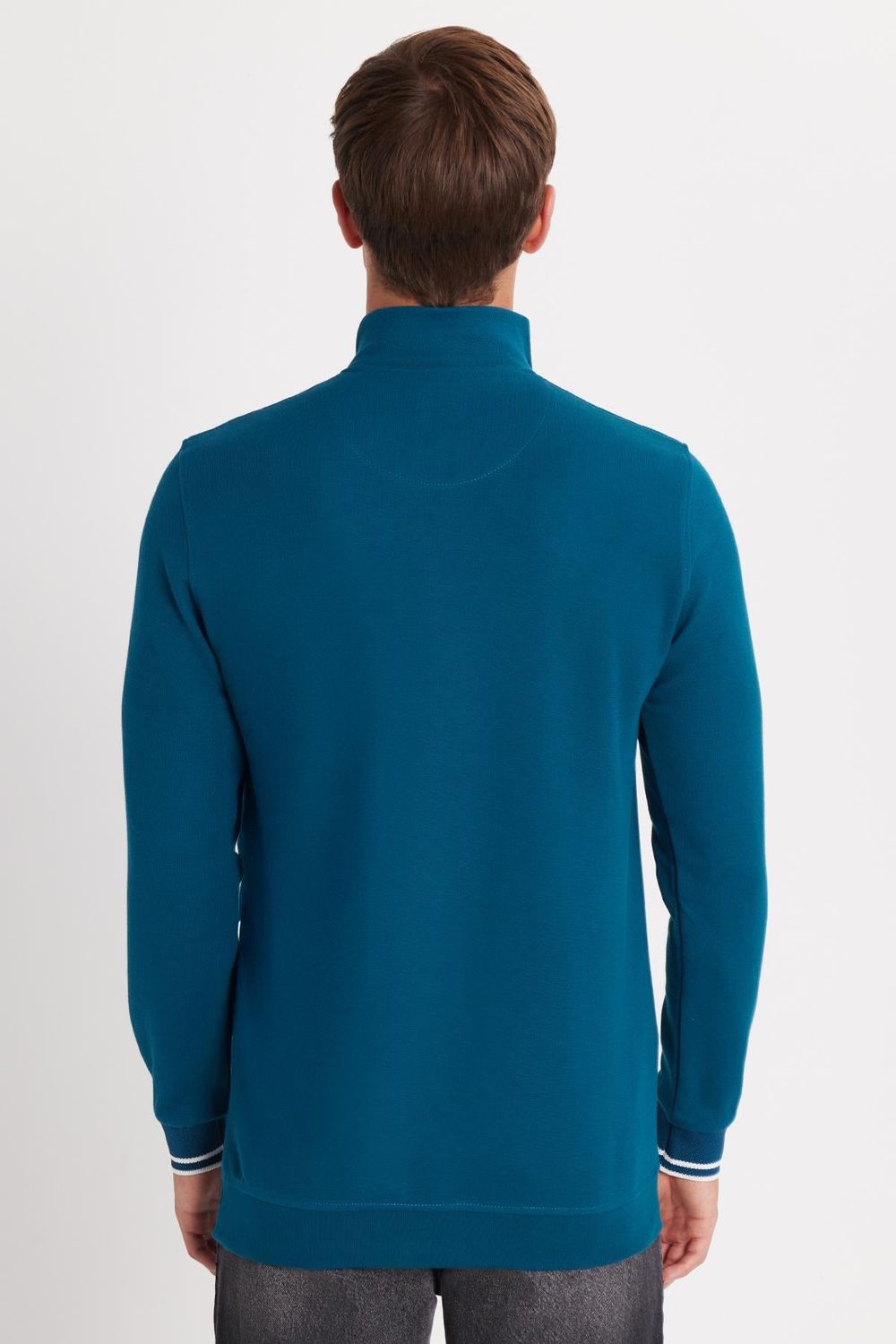 Erkek Slim Fit Dar Kesim Pamuklu Yarım Fermuarlı Dik Yaka Petrol Sweatshirt