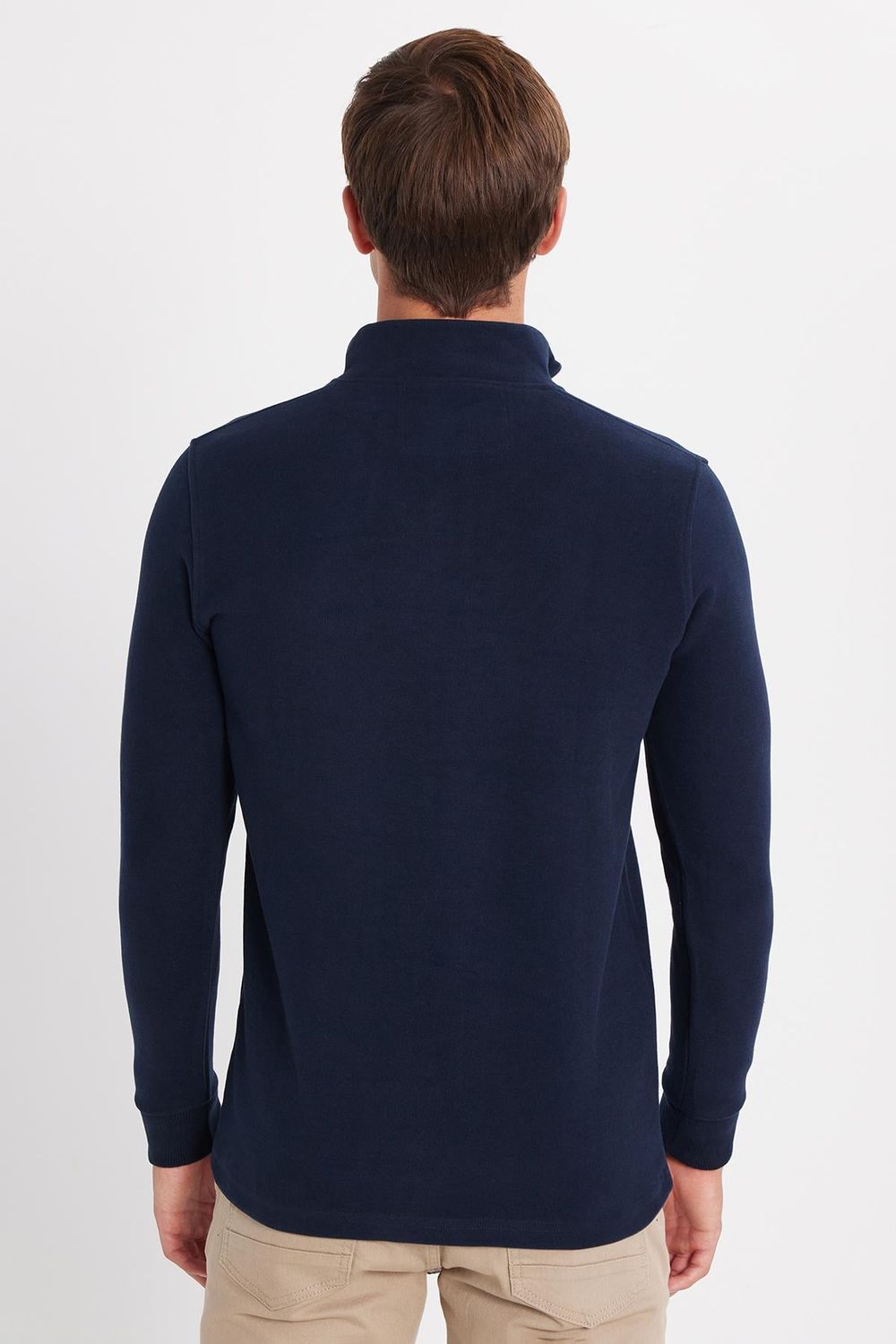 Erkek Slim Fit Dar Kesim Pamuklu Yarım Fermuarlı Lacivert Dik Yaka Sweatshirt
