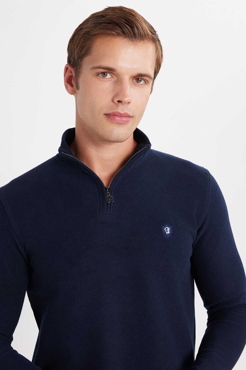 Erkek Slim Fit Dar Kesim Pamuklu Yarım Fermuarlı Lacivert Dik Yaka Sweatshirt