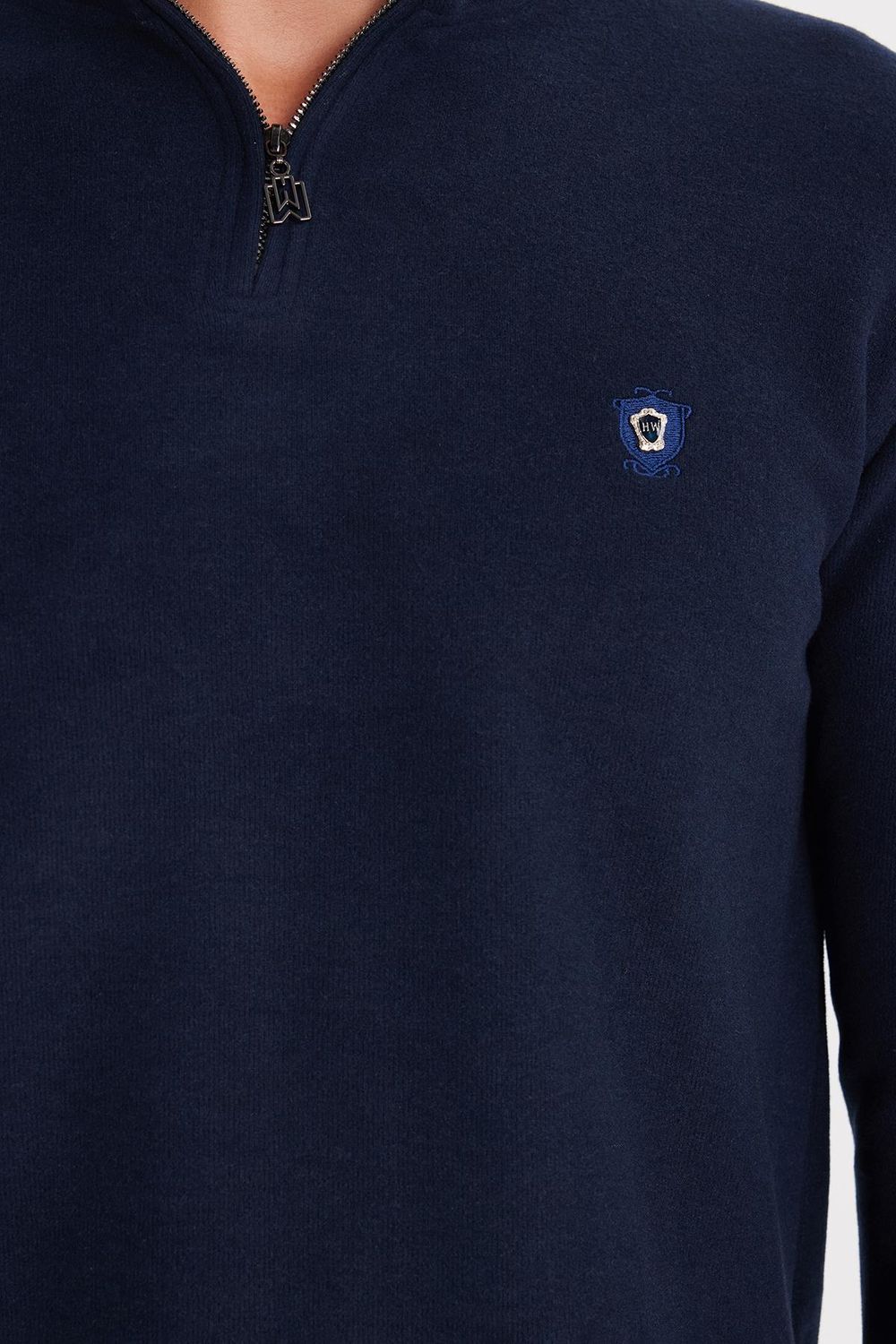 Erkek Slim Fit Dar Kesim Pamuklu Yarım Fermuarlı Lacivert Dik Yaka Sweatshirt