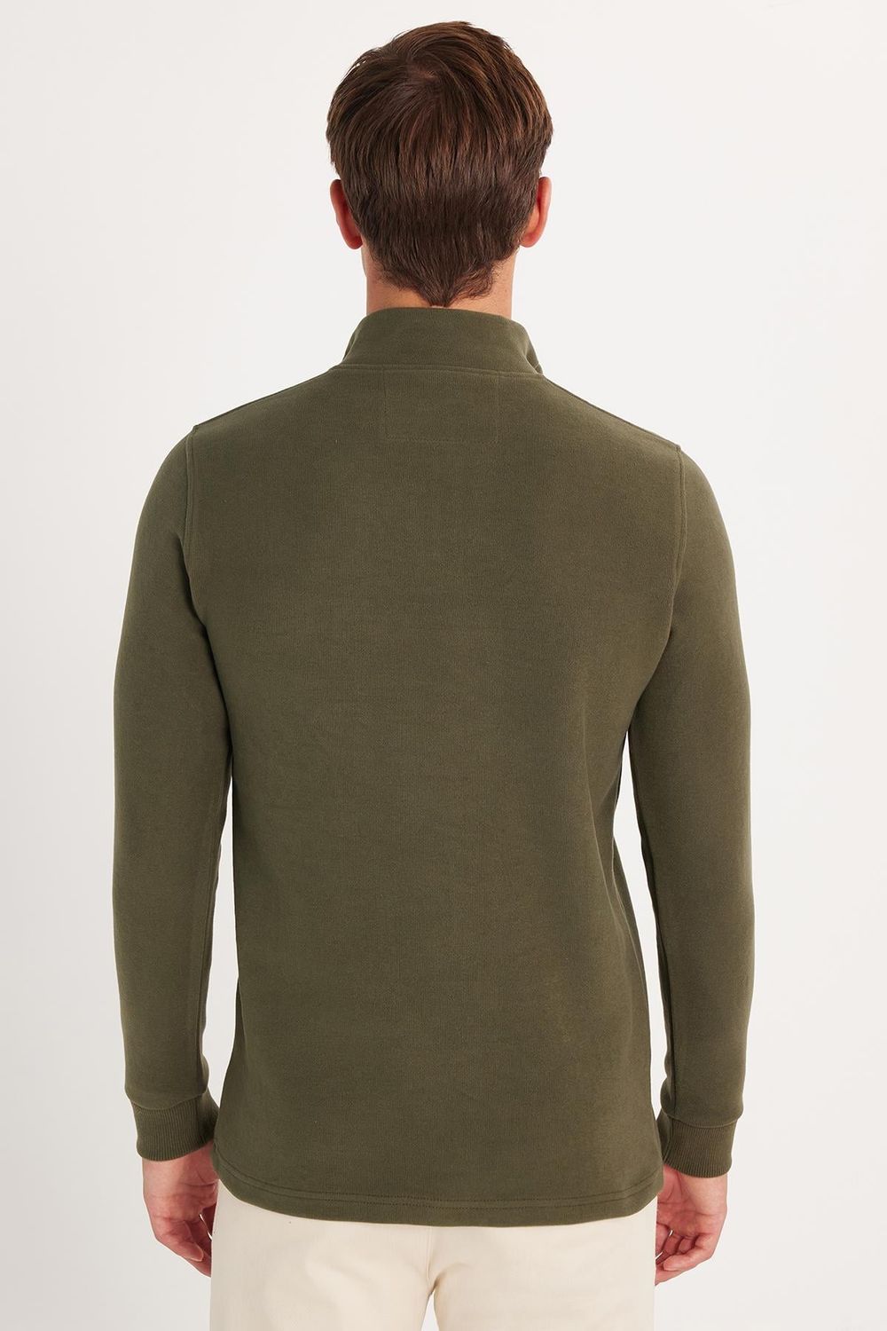 Erkek Slim Fit Dar Kesim Pamuklu Yarım Fermuarlı Haki Dik Yaka Sweatshirt