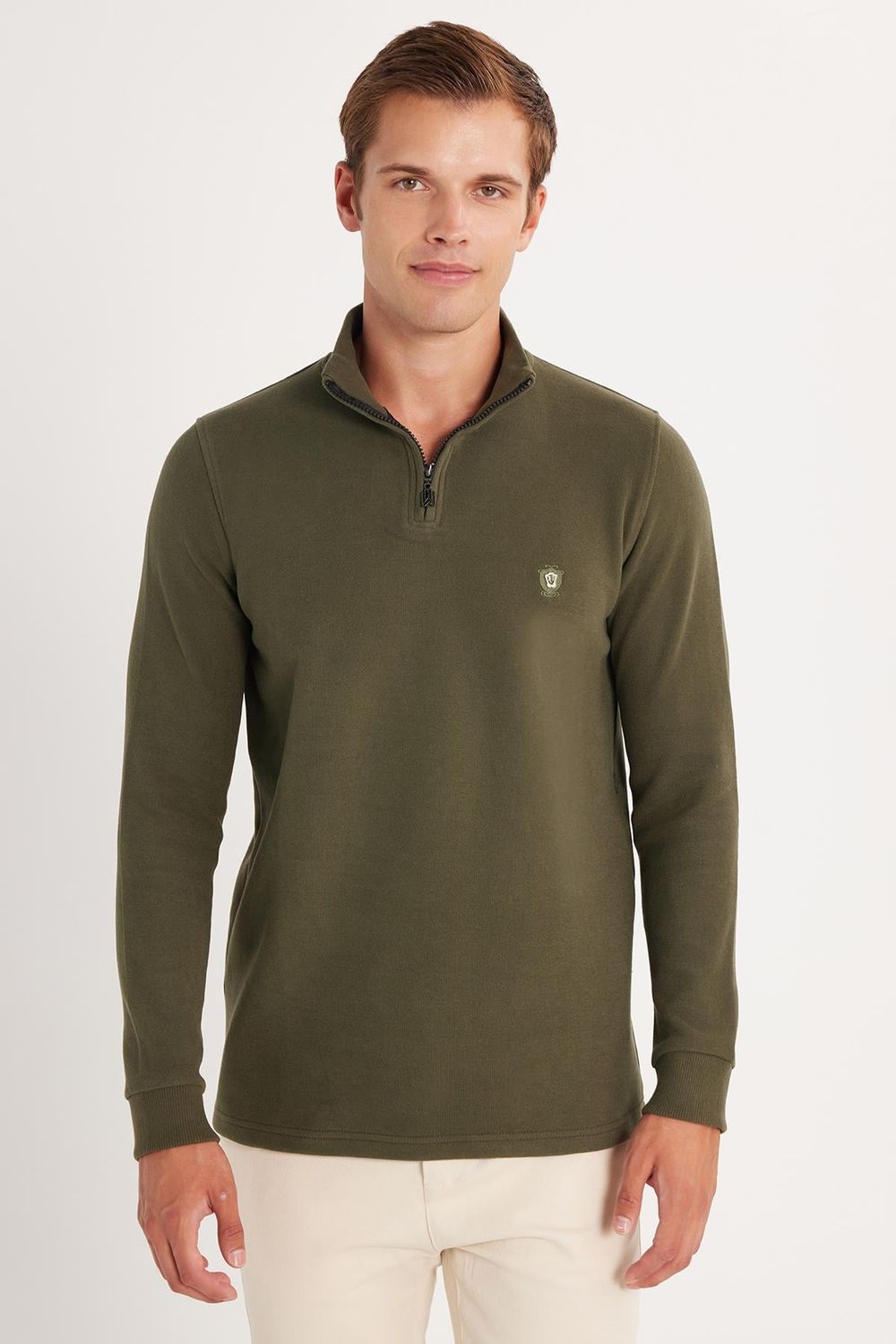 Erkek Slim Fit Dar Kesim Pamuklu Yarım Fermuarlı Haki Dik Yaka Sweatshirt