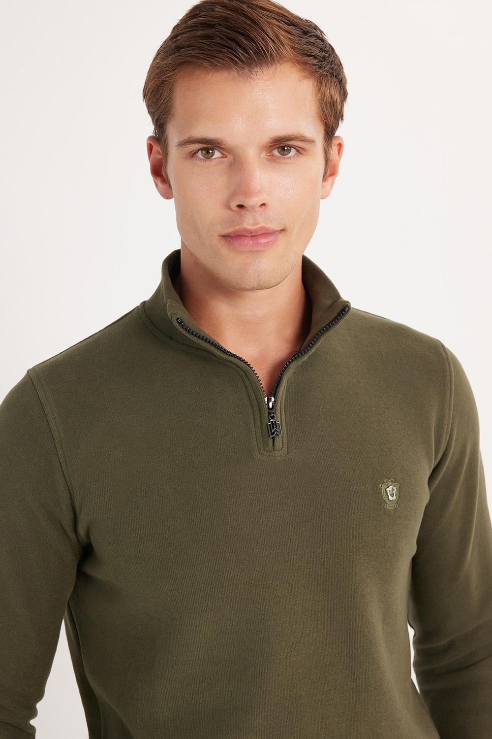 Erkek Slim Fit Dar Kesim Pamuklu Yarım Fermuarlı Haki Dik Yaka Sweatshirt