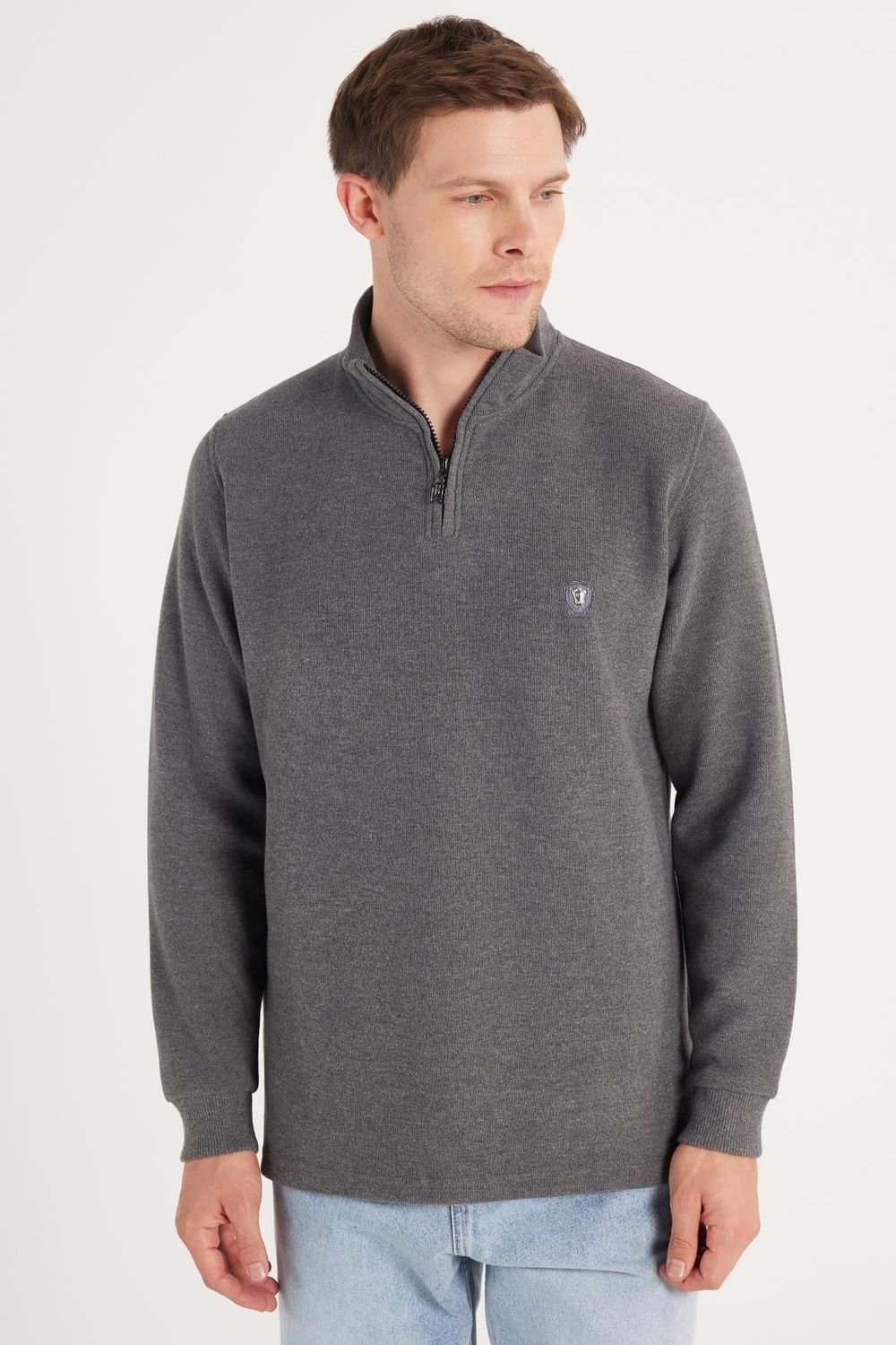 Erkek Slim Fit Dar Kesim Pamuklu Selanik Kumaş Yarım Fermuarlı Antrasit Dik Yaka Sweatshirt