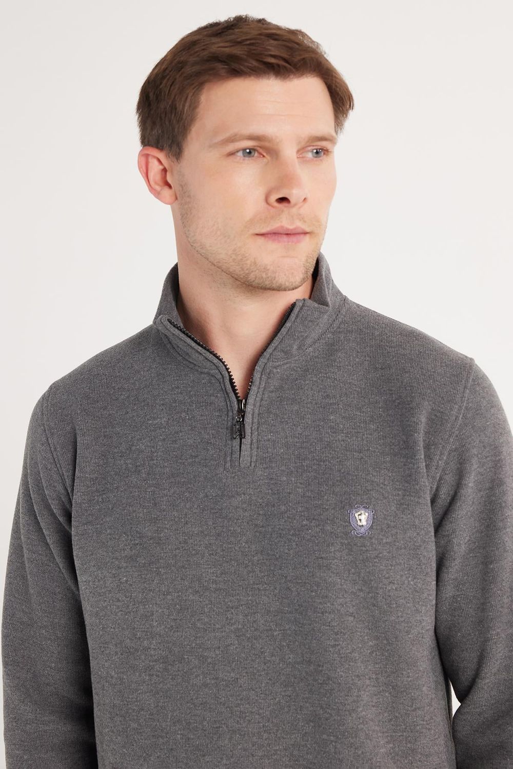Erkek Slim Fit Dar Kesim Pamuklu Selanik Kumaş Yarım Fermuarlı Antrasit Dik Yaka Sweatshirt