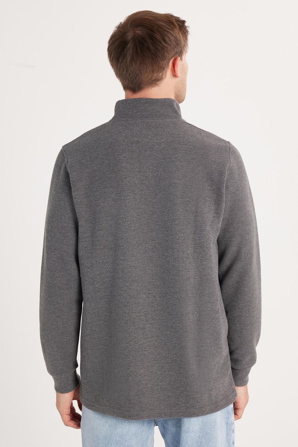 Erkek Slim Fit Dar Kesim Pamuklu Selanik Kumaş Yarım Fermuarlı Antrasit Dik Yaka Sweatshirt