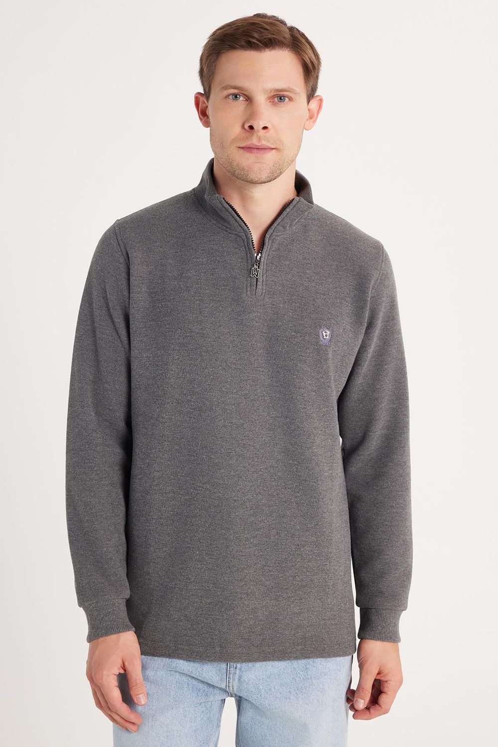 Erkek Slim Fit Dar Kesim Pamuklu Selanik Kumaş Yarım Fermuarlı Antrasit Dik Yaka Sweatshirt