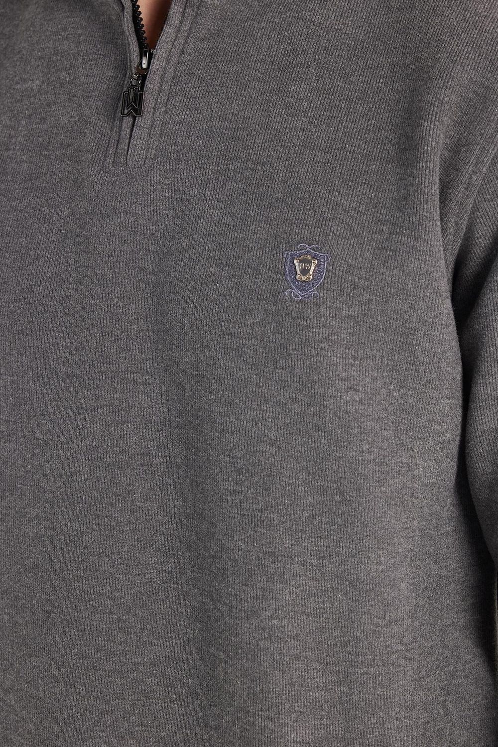 Erkek Slim Fit Dar Kesim Pamuklu Selanik Kumaş Yarım Fermuarlı Antrasit Dik Yaka Sweatshirt