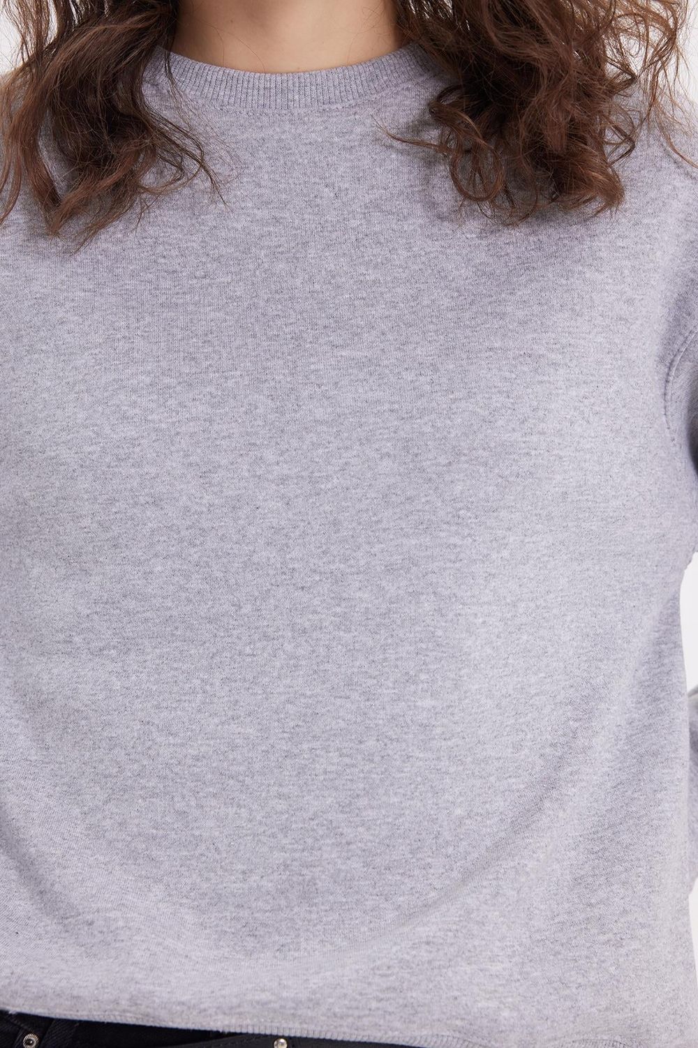 Kadın Oversize Geniş Kesim Pamuklu Bisiklet Yaka Gri Sweatshirt