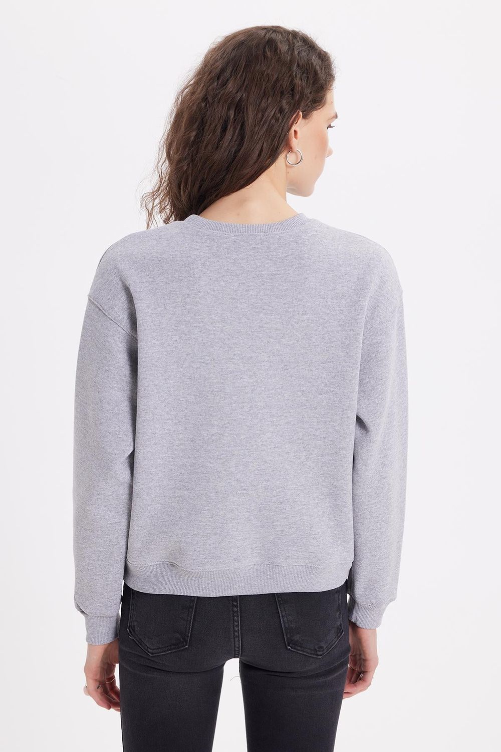 Kadın Oversize Geniş Kesim Pamuklu Bisiklet Yaka Gri Sweatshirt