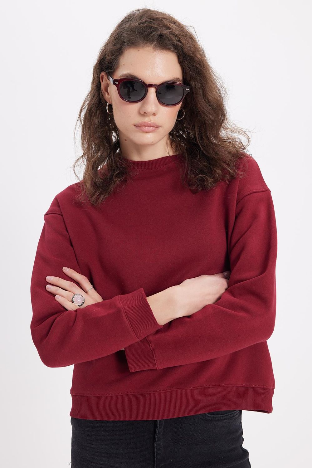 Kadın Oversize Geniş Kesim Pamuklu Bisiklet Yaka Bordo Sweatshirt