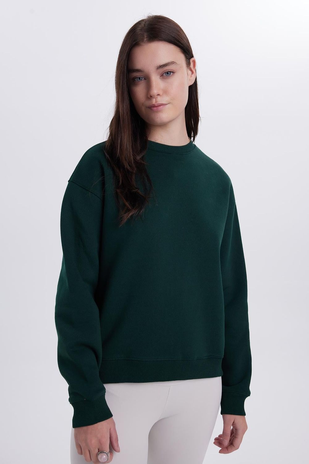Kadın Oversize Geniş Kesim Pamuklu Bisiklet Yaka Yeşil Sweatshirt