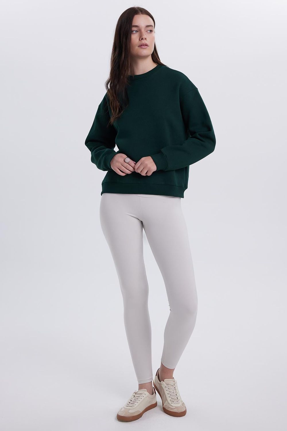 Kadın Oversize Geniş Kesim Pamuklu Bisiklet Yaka Yeşil Sweatshirt