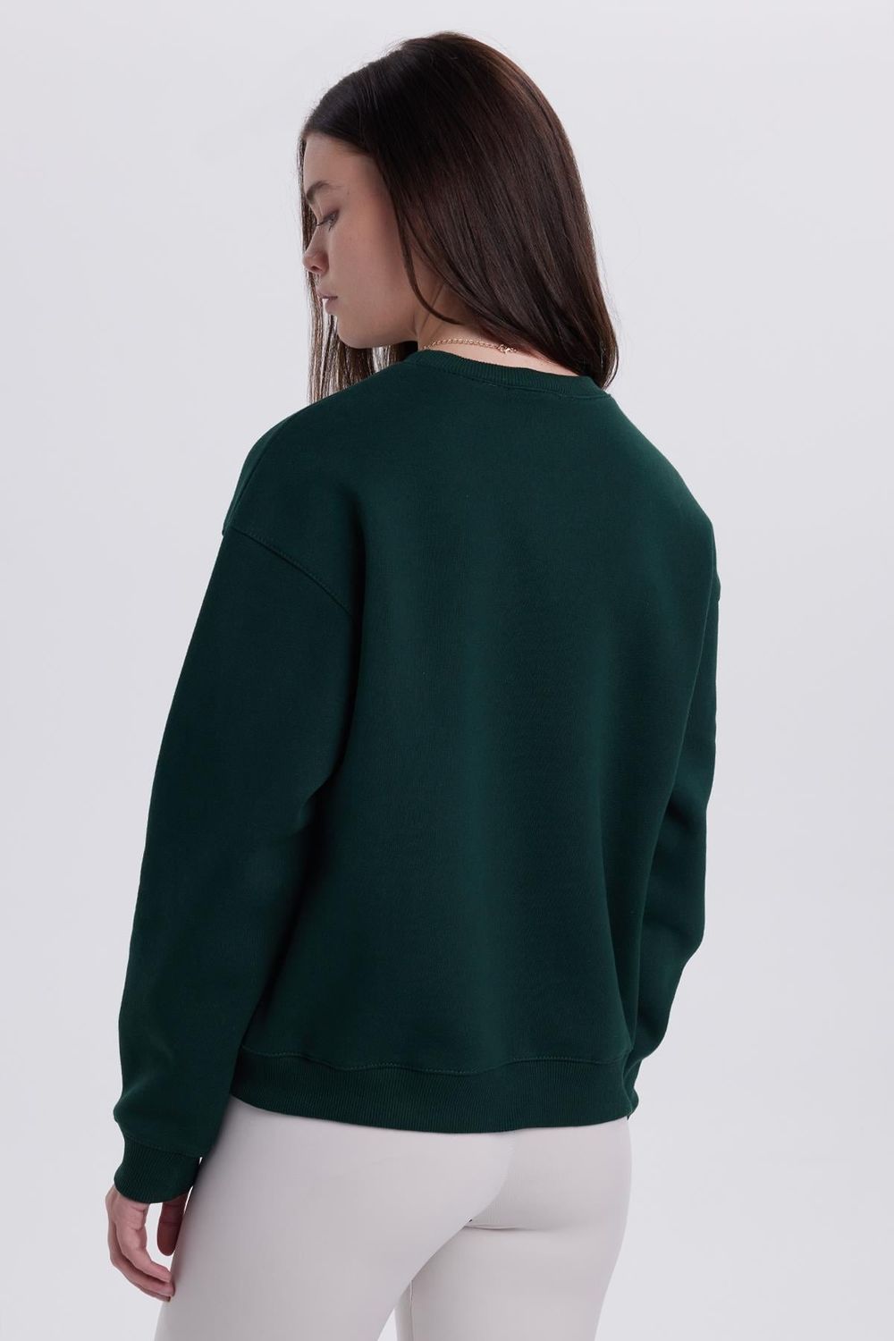 Kadın Oversize Geniş Kesim Pamuklu Bisiklet Yaka Yeşil Sweatshirt