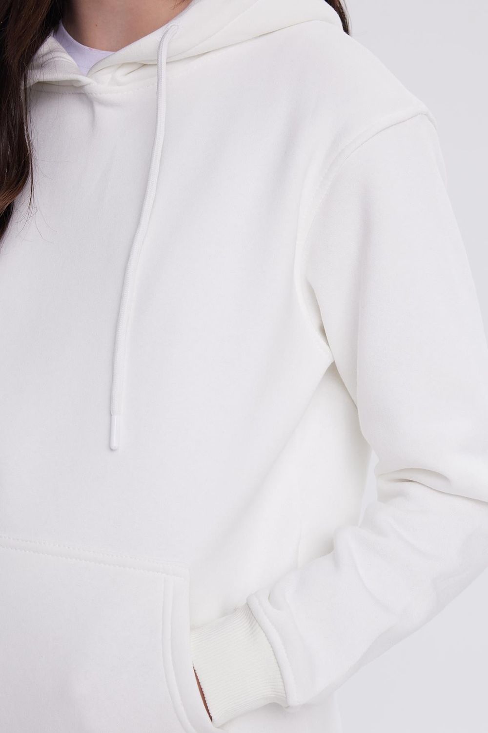 Kadın Relax Fit Rahat Kesim Pamuklu Kapüşonlu Kanguru Cepli Ekru Sweatshirt
