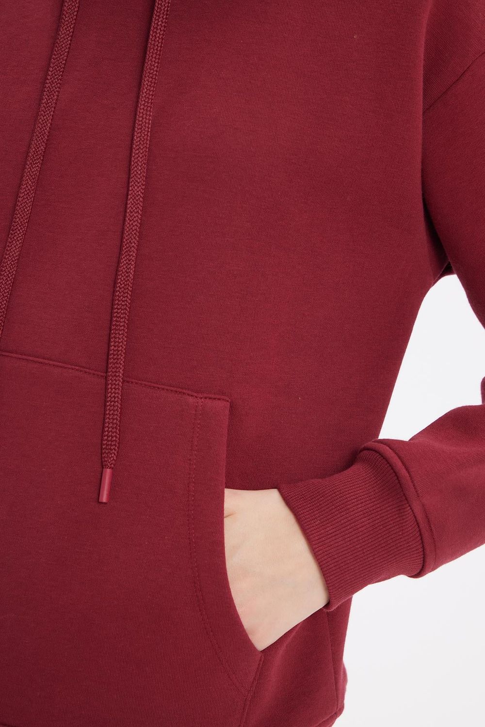 Kadın Oversize Geniş Kesim Pamuklu Yumuşak Dokulu İçi Polarlı Basic Bordo Kapüşonlu Sweatshirt