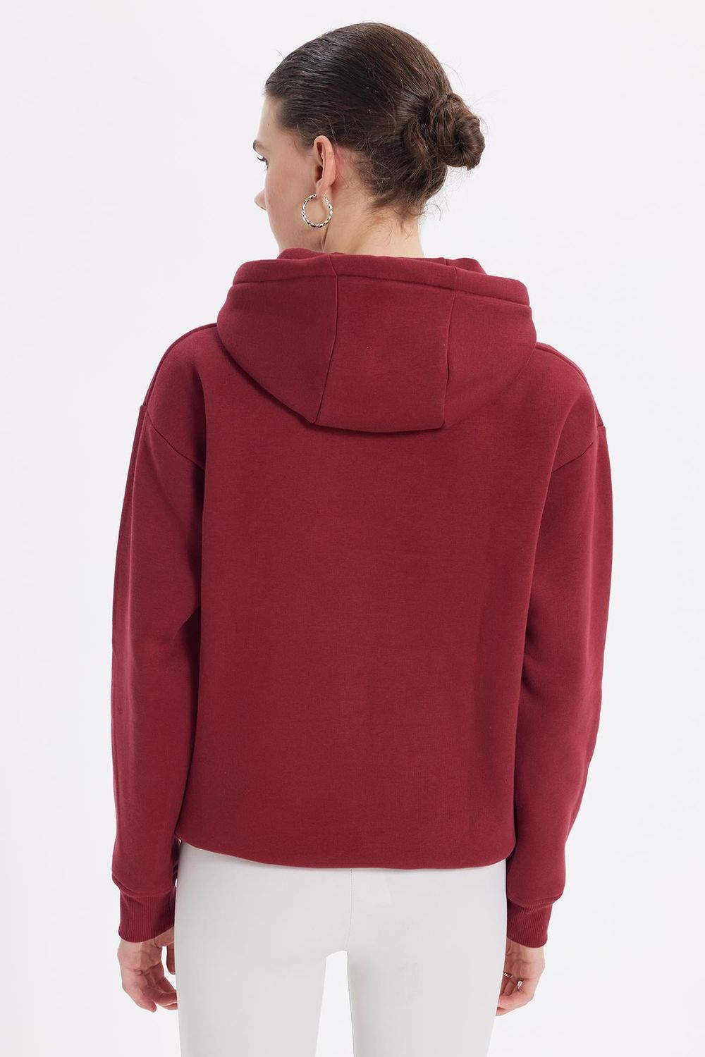 Kadın Oversize Geniş Kesim Pamuklu Yumuşak Dokulu İçi Polarlı Basic Bordo Kapüşonlu Sweatshirt