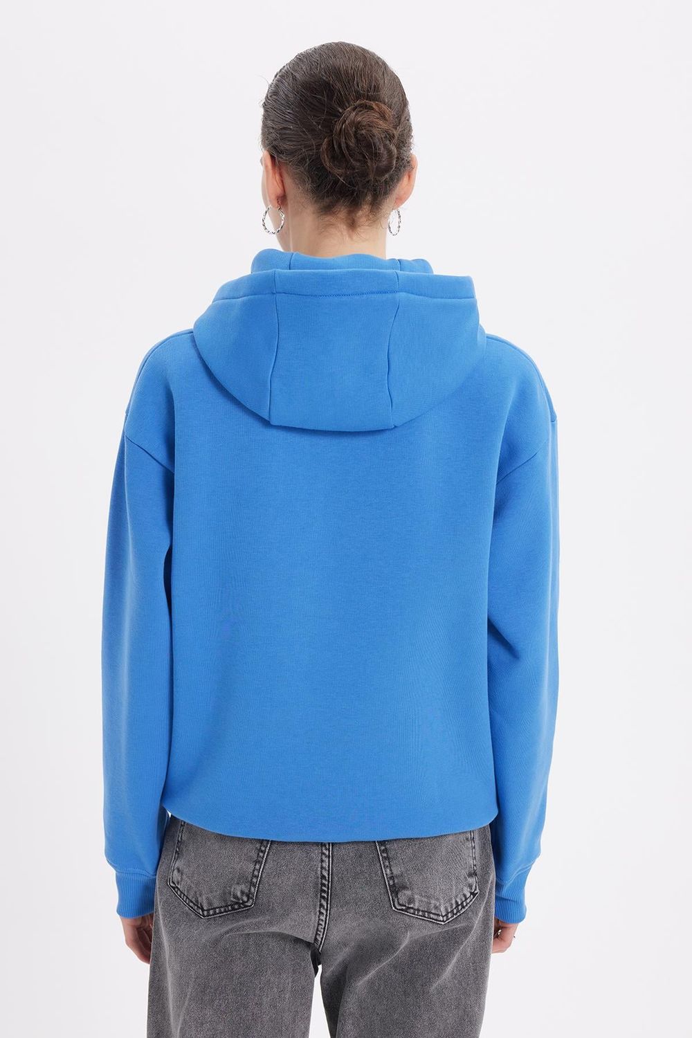 Kadın Oversize Geniş Kesim Pamuklu Yumuşak Dokulu İçi Polarlı Basic Mavi Kapüşonlu Sweatshirt
