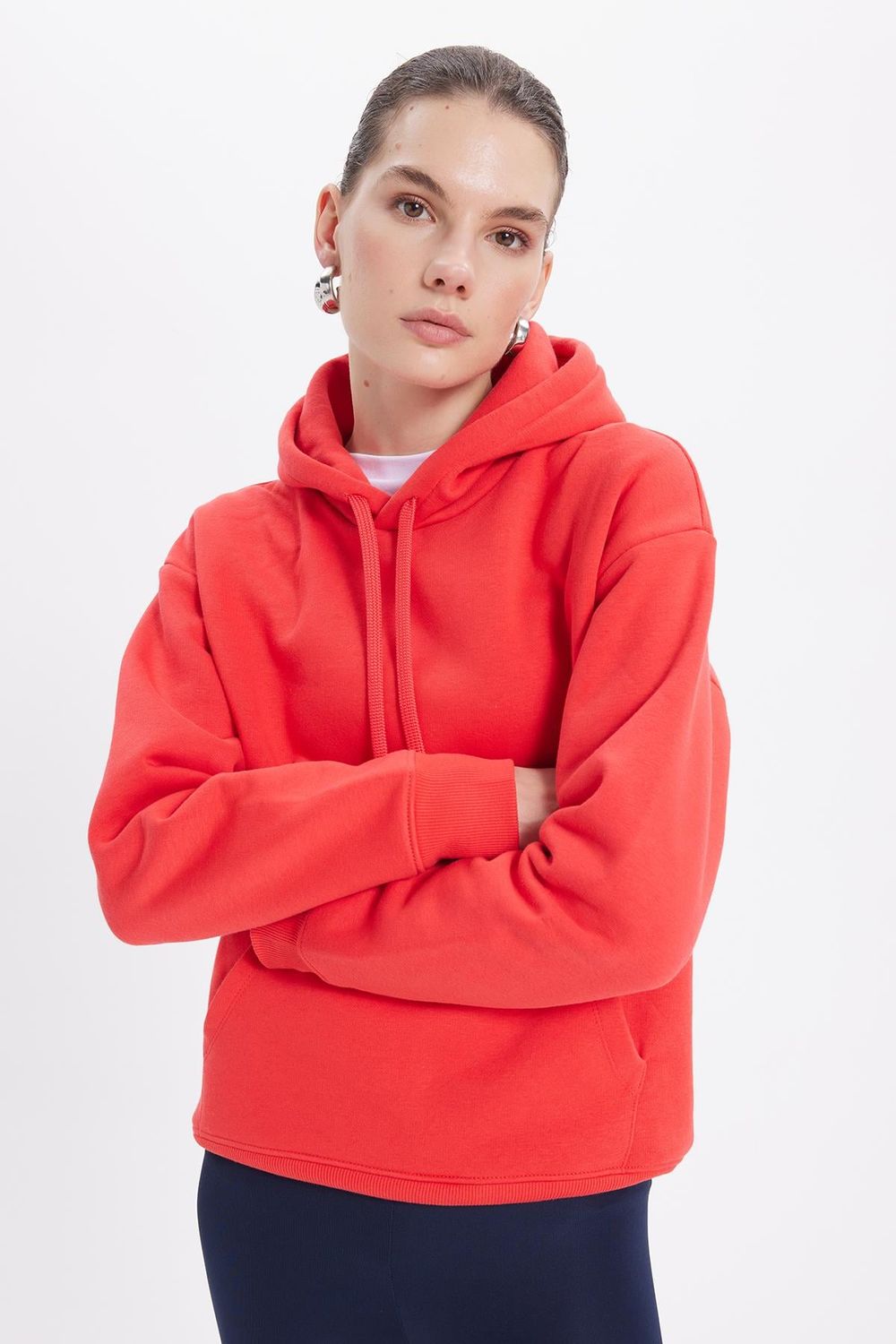 Kadın Oversize Geniş Kesim Pamuklu Yumuşak Dokulu İçi Polarlı Basic Nar Renk Kapüşonlu Sweatshirt