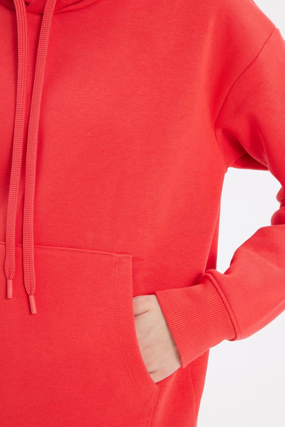 Kadın Oversize Geniş Kesim Pamuklu Yumuşak Dokulu İçi Polarlı Basic Nar Renk Kapüşonlu Sweatshirt