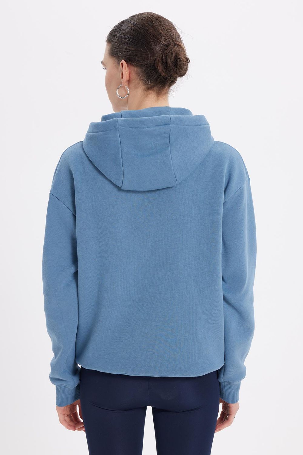 Kadın Oversize Geniş Kesim Pamuklu Yumuşak Dokulu İçi Polarlı Basic İndigo Kapüşonlu Sweatshirt