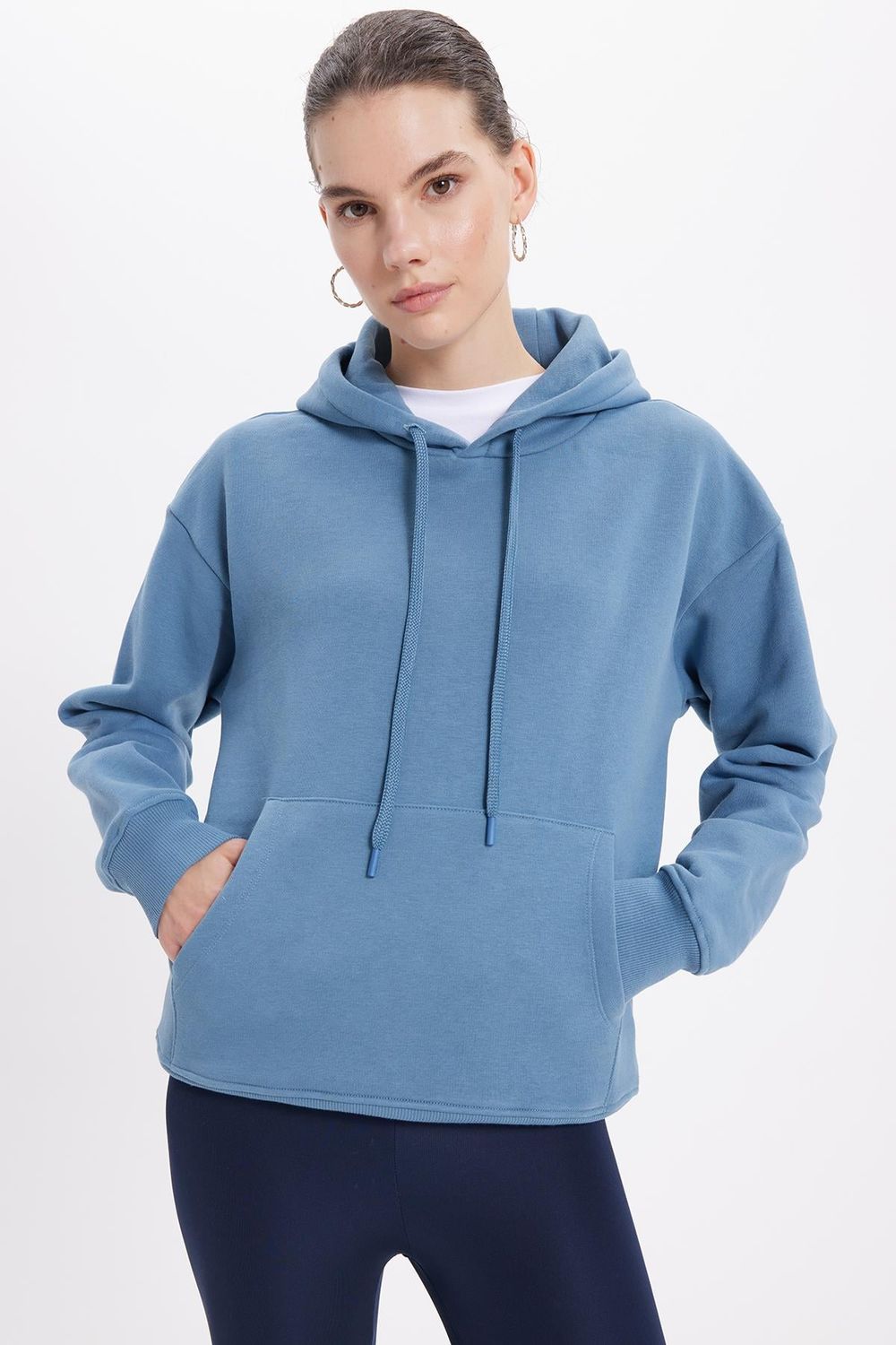 Kadın Oversize Geniş Kesim Pamuklu Yumuşak Dokulu İçi Polarlı Basic İndigo Kapüşonlu Sweatshirt