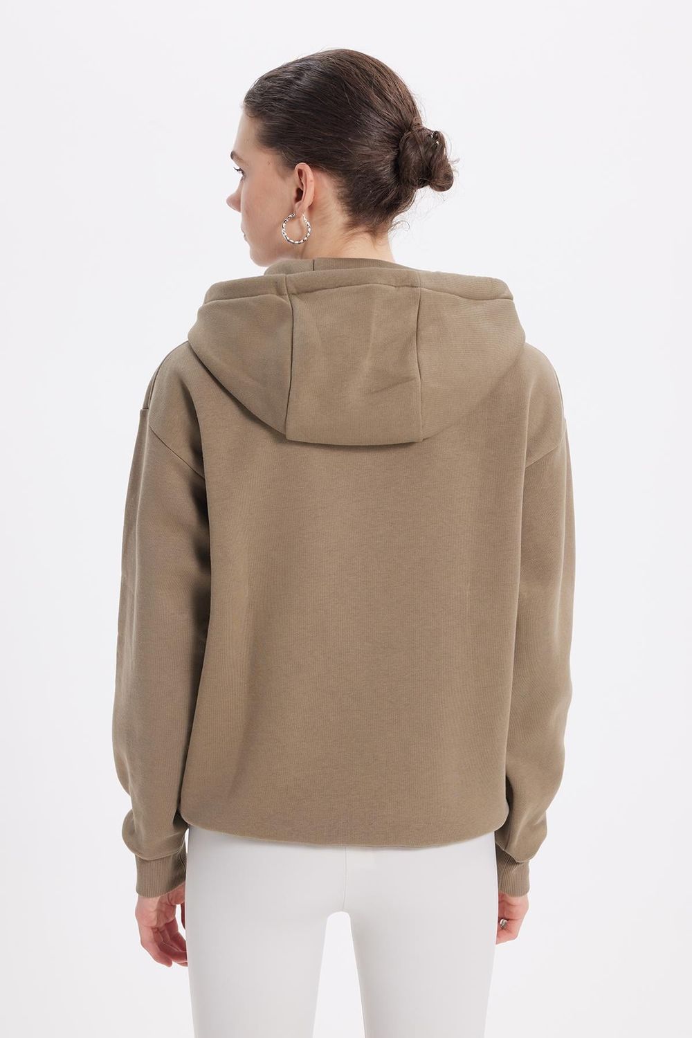Kadın Oversize Geniş Kesim Pamuklu Yumuşak Dokulu İçi Polarlı Basic Yeşil Kapüşonlu Sweatshirt
