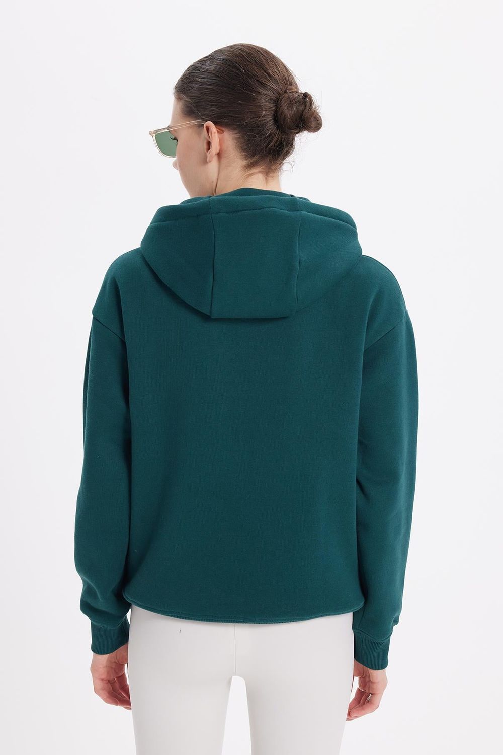 Kadın Oversize Geniş Kesim Pamuklu Yumuşak Dokulu İçi Polarlı Basic Yeşil Kapüşonlu Sweatshirt
