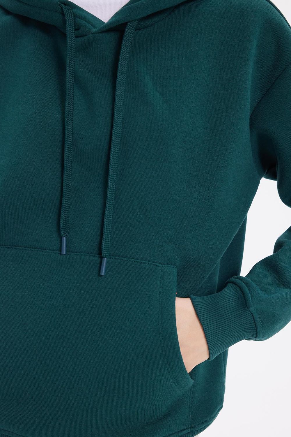 Kadın Oversize Geniş Kesim Pamuklu Yumuşak Dokulu İçi Polarlı Basic Yeşil Kapüşonlu Sweatshirt