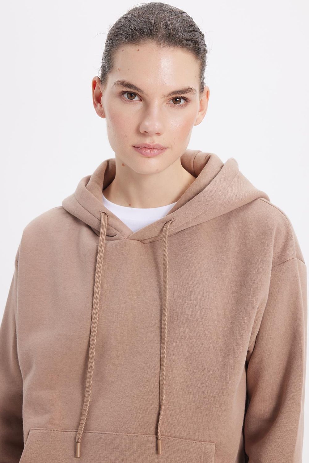 Kadın Oversize Geniş Kesim Pamuklu Yumuşak Dokulu İçi Polarlı Basic Vizon Kapüşonlu Sweatshirt