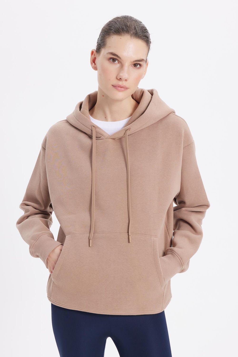 Kadın Oversize Geniş Kesim Pamuklu Yumuşak Dokulu İçi Polarlı Basic Vizon Kapüşonlu Sweatshirt