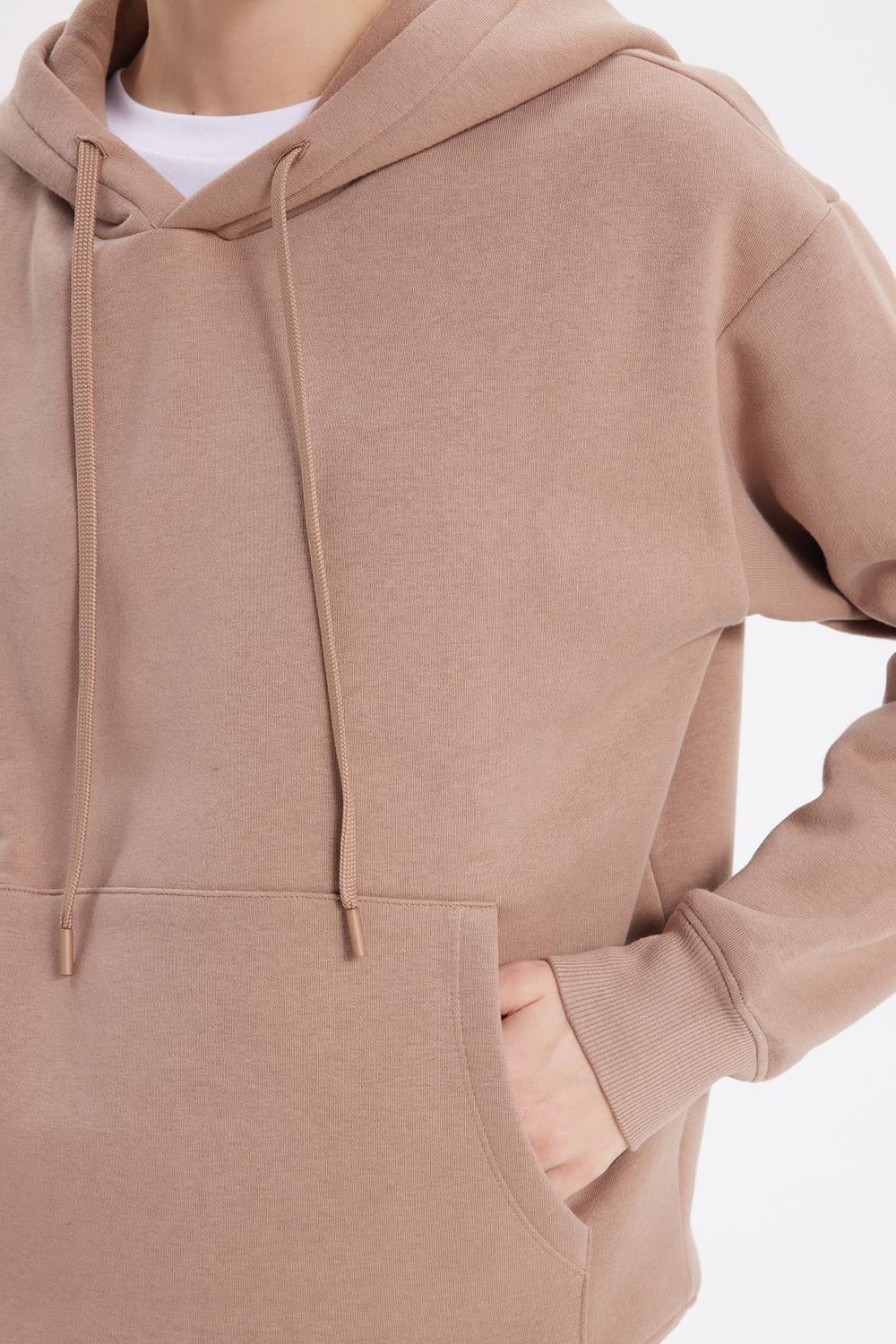Kadın Oversize Geniş Kesim Pamuklu Yumuşak Dokulu İçi Polarlı Basic Vizon Kapüşonlu Sweatshirt