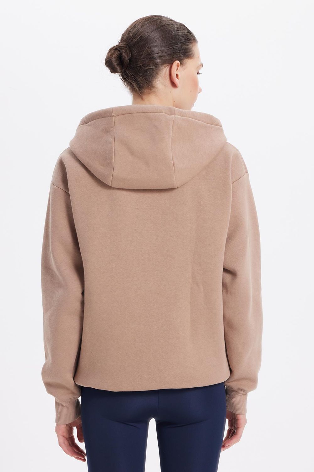 Kadın Oversize Geniş Kesim Pamuklu Yumuşak Dokulu İçi Polarlı Basic Vizon Kapüşonlu Sweatshirt
