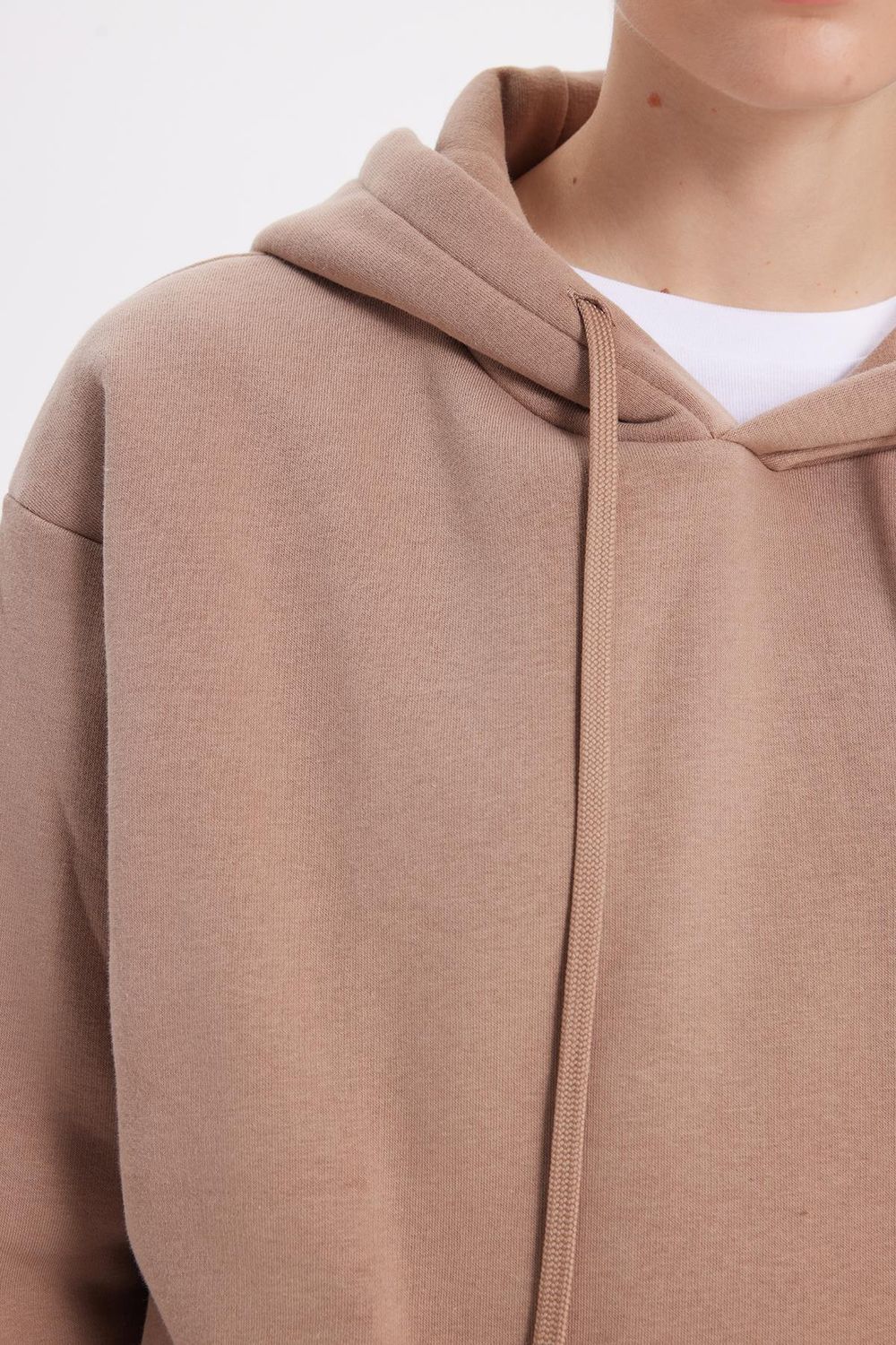 Kadın Oversize Geniş Kesim Pamuklu Yumuşak Dokulu İçi Polarlı Basic Vizon Kapüşonlu Sweatshirt