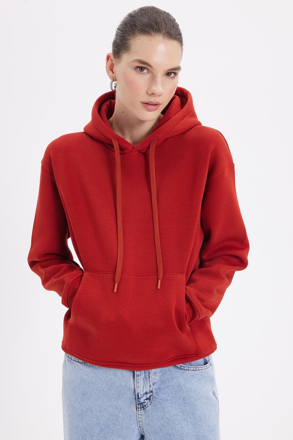 Kadın Oversize Geniş Kesim Pamuklu Yumuşak Dokulu İçi Polarlı Basic Kiremit Kapüşonlu Sweatshirt