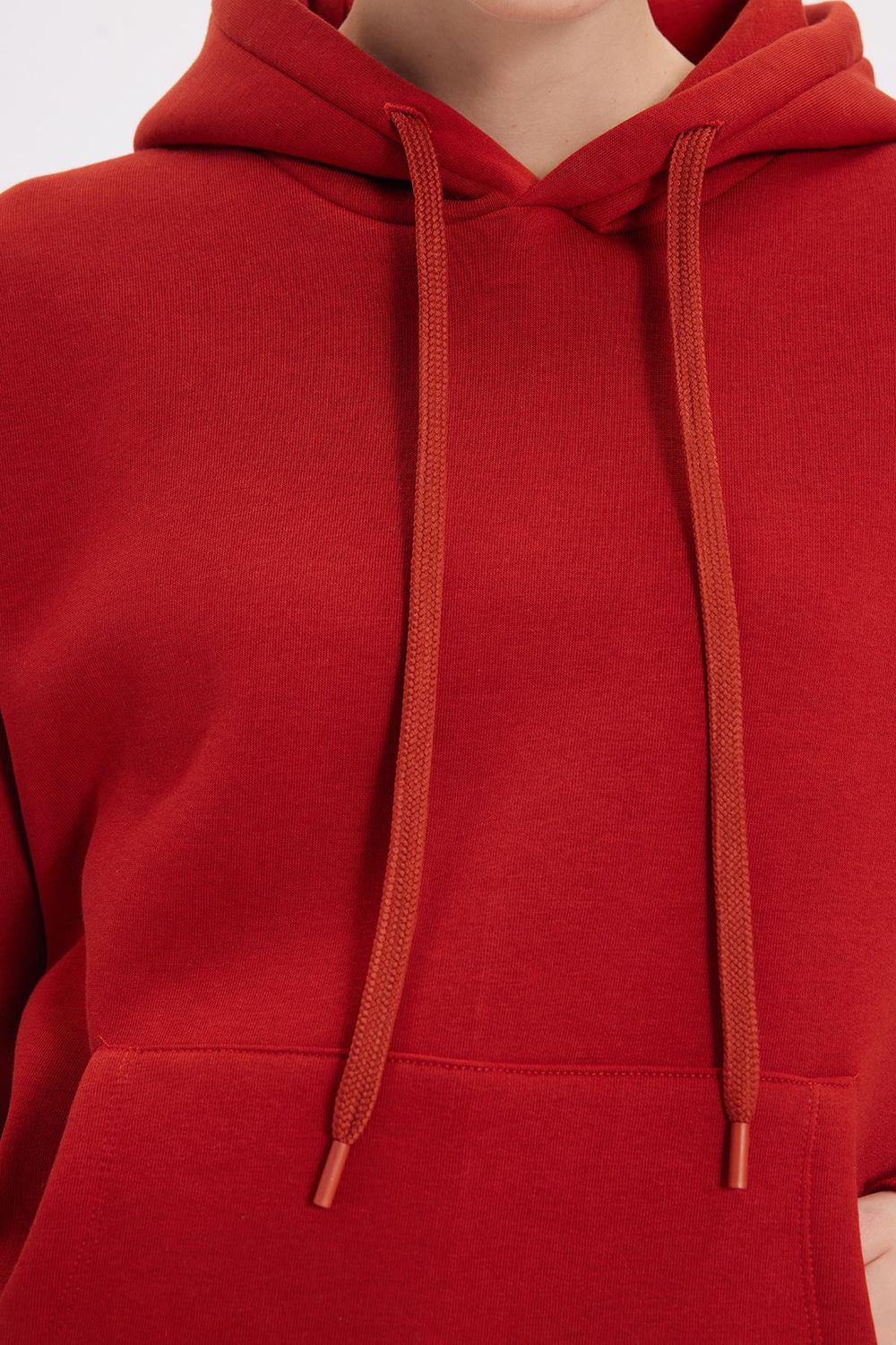 Kadın Oversize Geniş Kesim Pamuklu Yumuşak Dokulu İçi Polarlı Basic Kiremit Kapüşonlu Sweatshirt