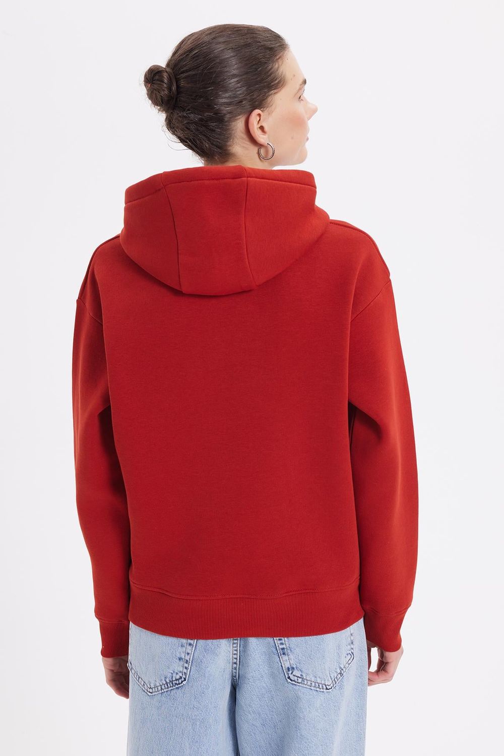Kadın Oversize Geniş Kesim Pamuklu Yumuşak Dokulu İçi Polarlı Basic Kiremit Kapüşonlu Sweatshirt