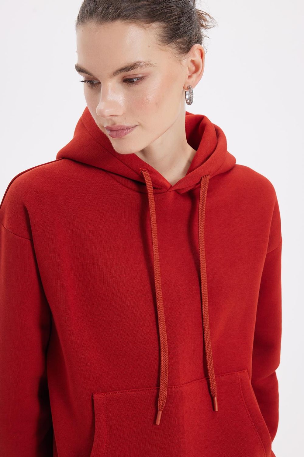 Kadın Oversize Geniş Kesim Pamuklu Yumuşak Dokulu İçi Polarlı Basic Kiremit Kapüşonlu Sweatshirt