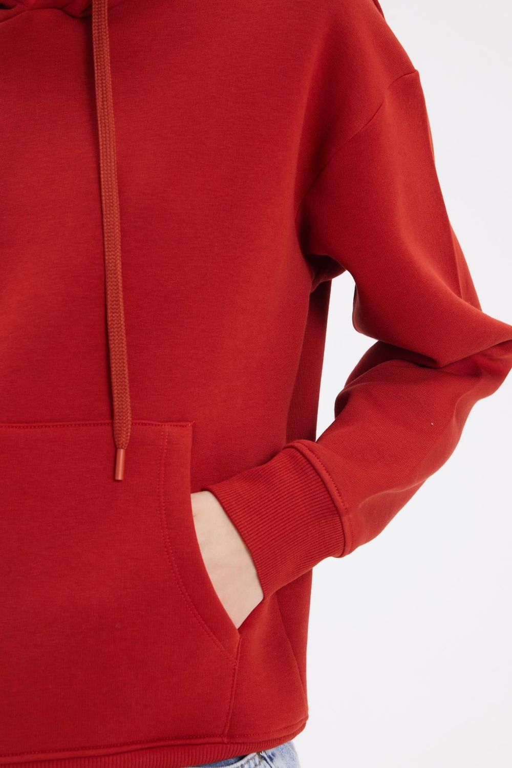 Kadın Oversize Geniş Kesim Pamuklu Yumuşak Dokulu İçi Polarlı Basic Kiremit Kapüşonlu Sweatshirt