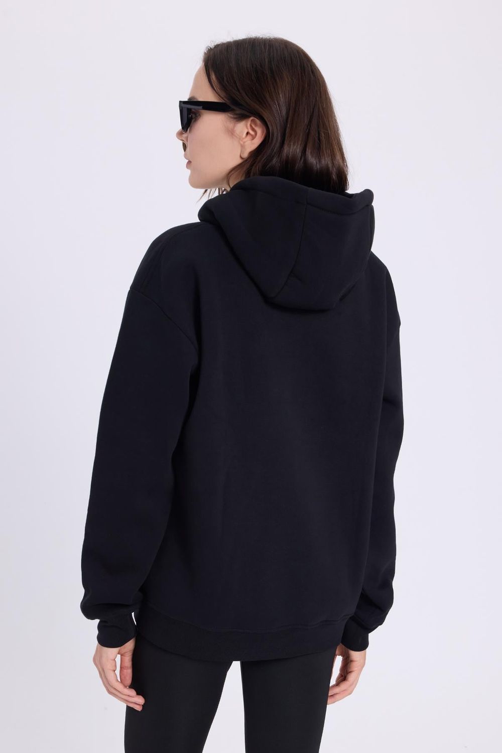 Kadın Oversize Geniş Kesim Pamuklu Yumuşak Dokulu İçi Polarlı Baskılı Siyah Kapüşonlu Sweatshirt