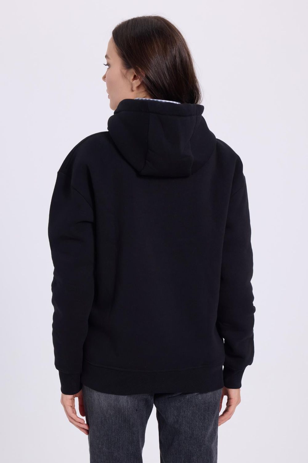 Kadın Oversize Geniş Kesim Pamuklu Yumuşak Dokulu İçi Polarlı Baskılı Siyah Kapüşonlu Sweatshirt