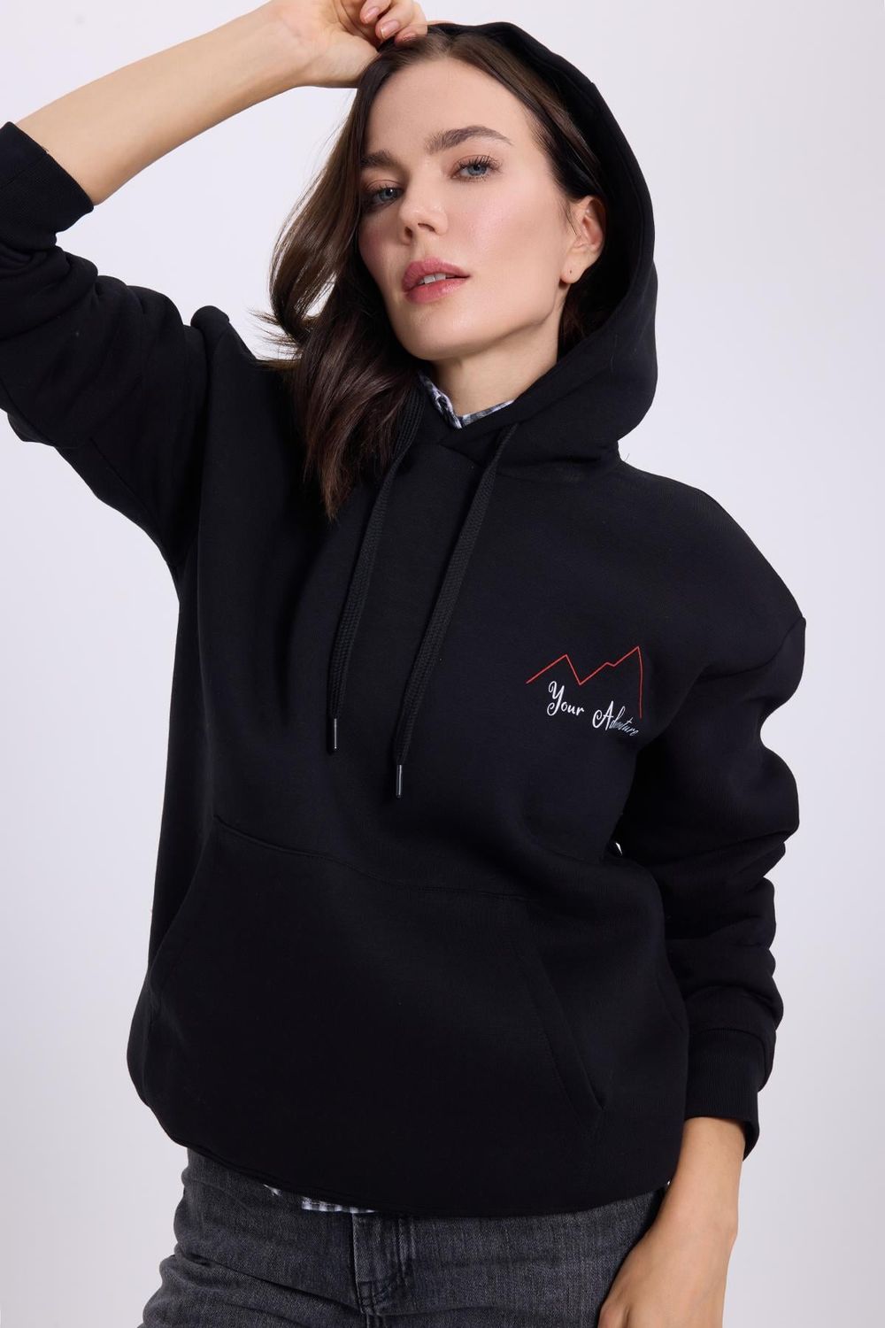 Kadın Oversize Geniş Kesim Pamuklu Yumuşak Dokulu İçi Polarlı Baskılı Siyah Kapüşonlu Sweatshirt